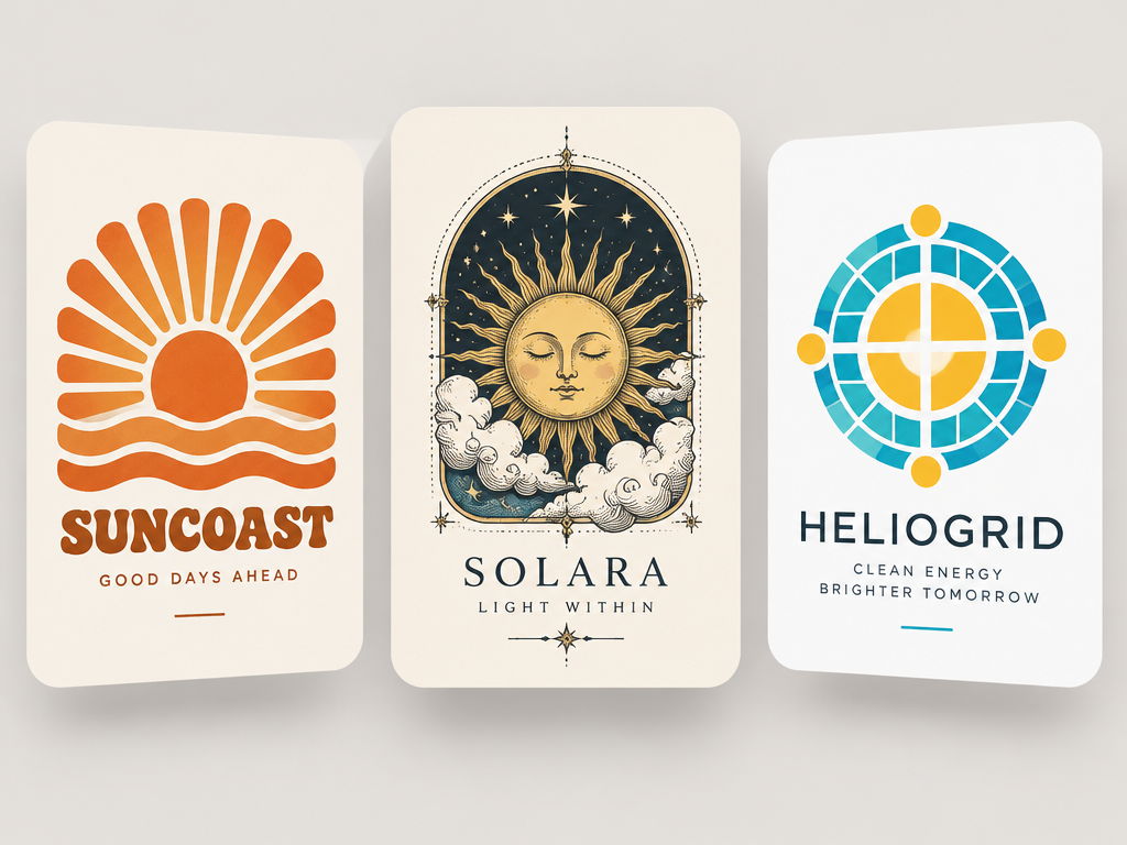 Graphic showcase of three distinct sun logo designs featuring retro coastal, celestial tarot, and geometric tech styles