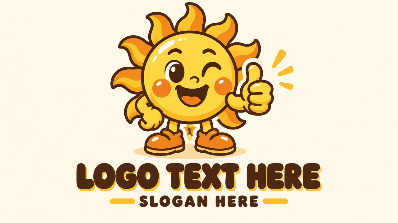 Playful cartoon smiling sun mascot logo design with friendly winking face on warm vanilla card