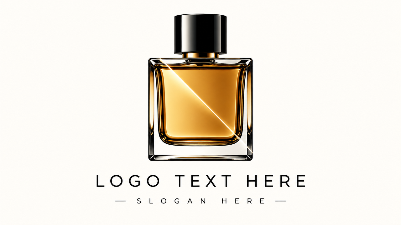Modern minimalist luxury perfume logo design with geometric glass bottle and sleek typography on white card