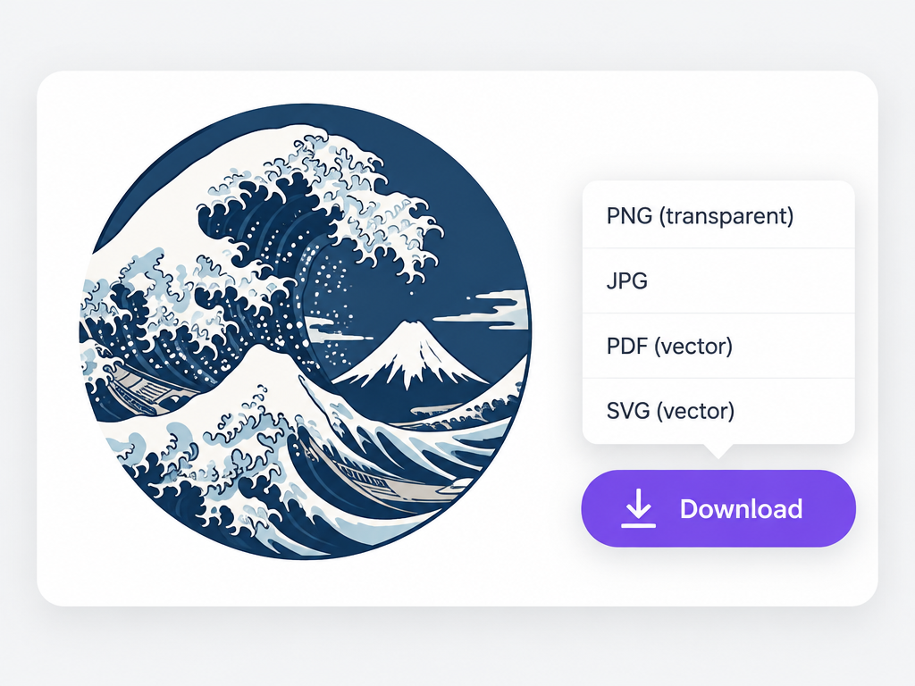 Japanese logo design presentation card with instant download button and multi-format vector export dropdown menu