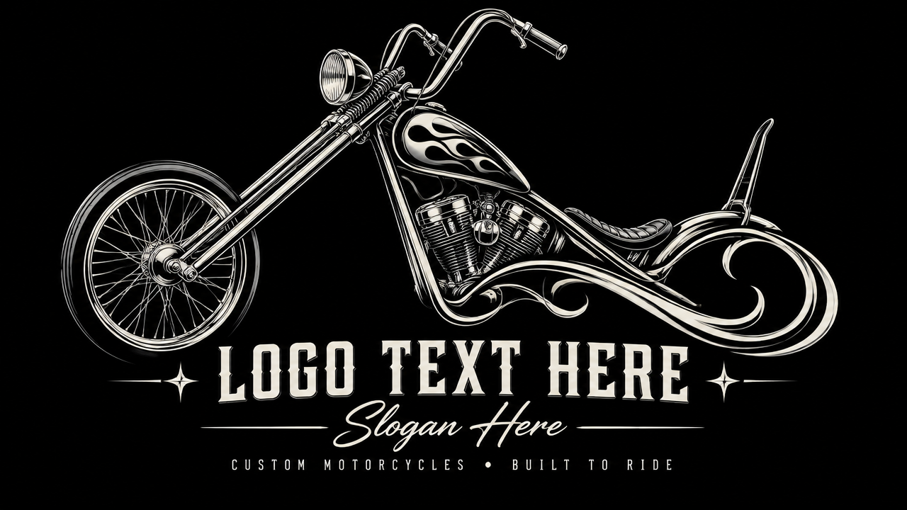 Custom chopper motorcycle logo design with extended front fork and flowing script flourish on black card