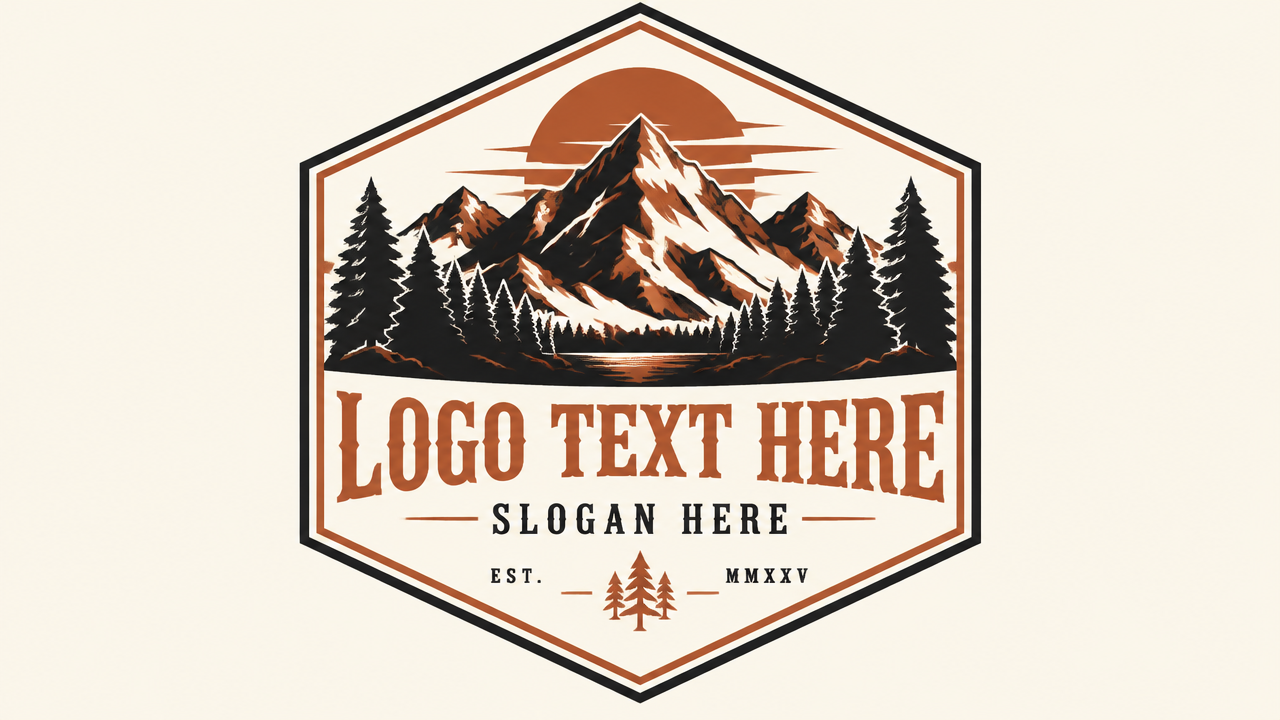 Vintage craft distillery mountain logo badge with snow peaks and pine trees in copper and black