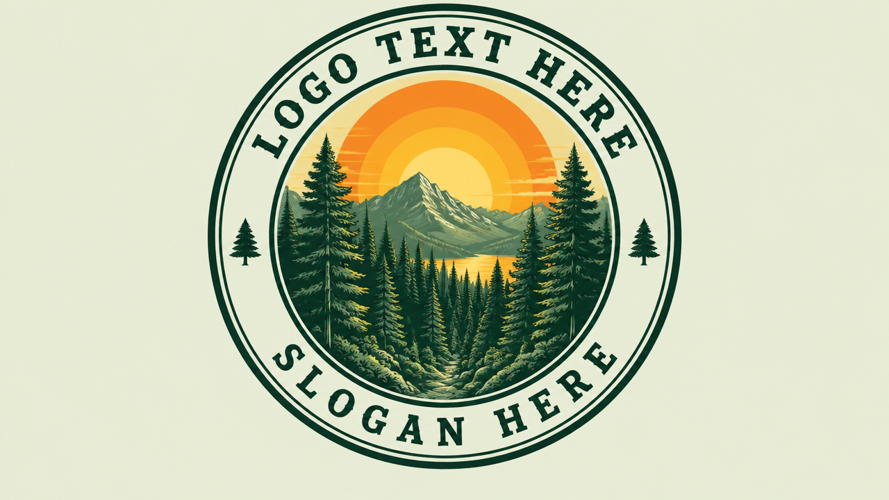 Circular outdoor forest logo crest featuring evergreen pine trees against a setting sun on light card