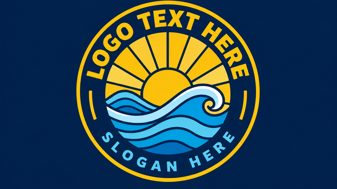 Bold circular retro coastal sunshine logo badge with stained-glass rays and ocean waves on navy card