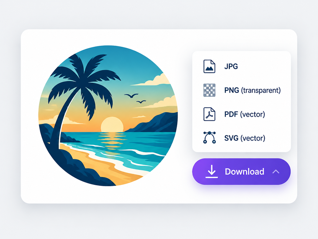 Sunset logo design presentation card with instant download button and multi-format vector export dropdown m