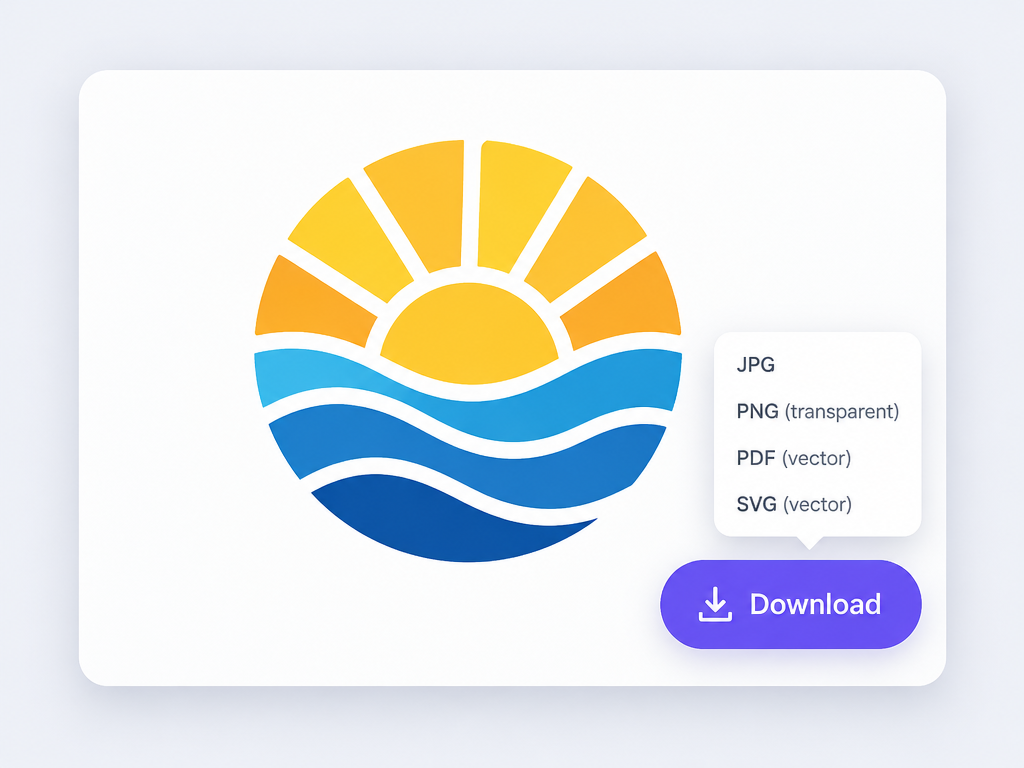 Sunshine logo design presentation card with instant download button and multi-format vector export dropdown menu