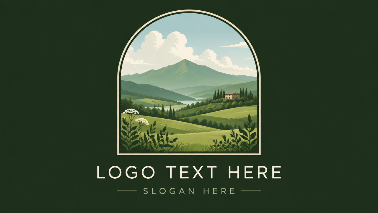 Serene panoramic mountain logo design featuring green rolling foothills and clouds inside an arch badge