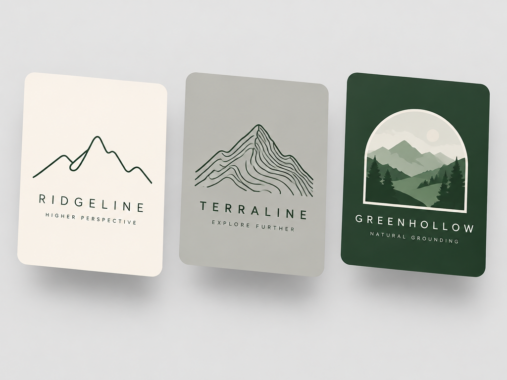 Graphic showcase of three distinct mountain logo designs featuring minimalist single-line, topographic contour, and pastoral foothills styles