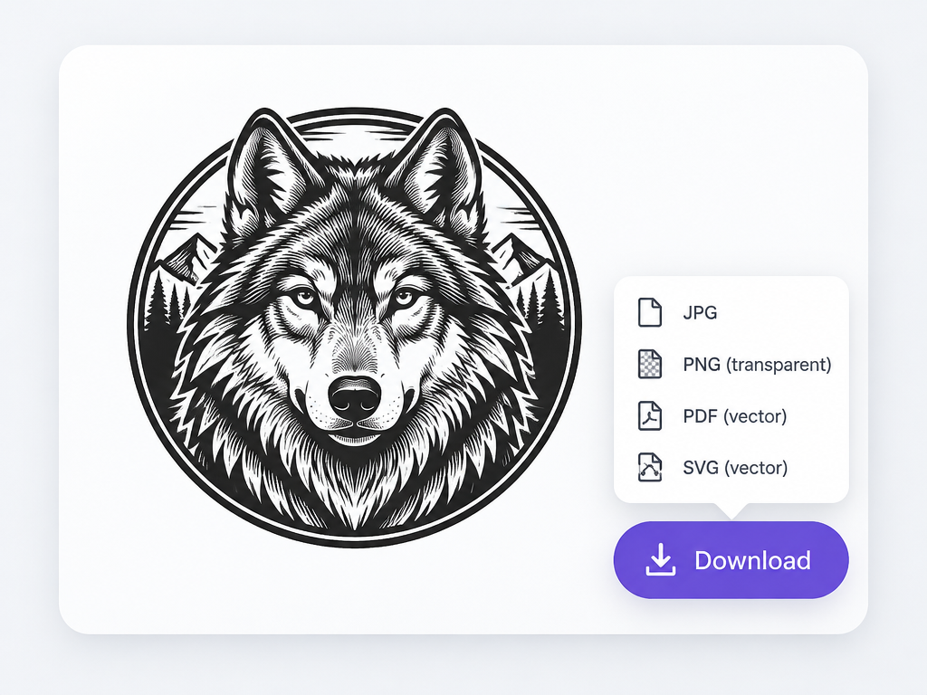 Wolf logo design presentation card with instant download button and multi-format vector export dropdown menu
