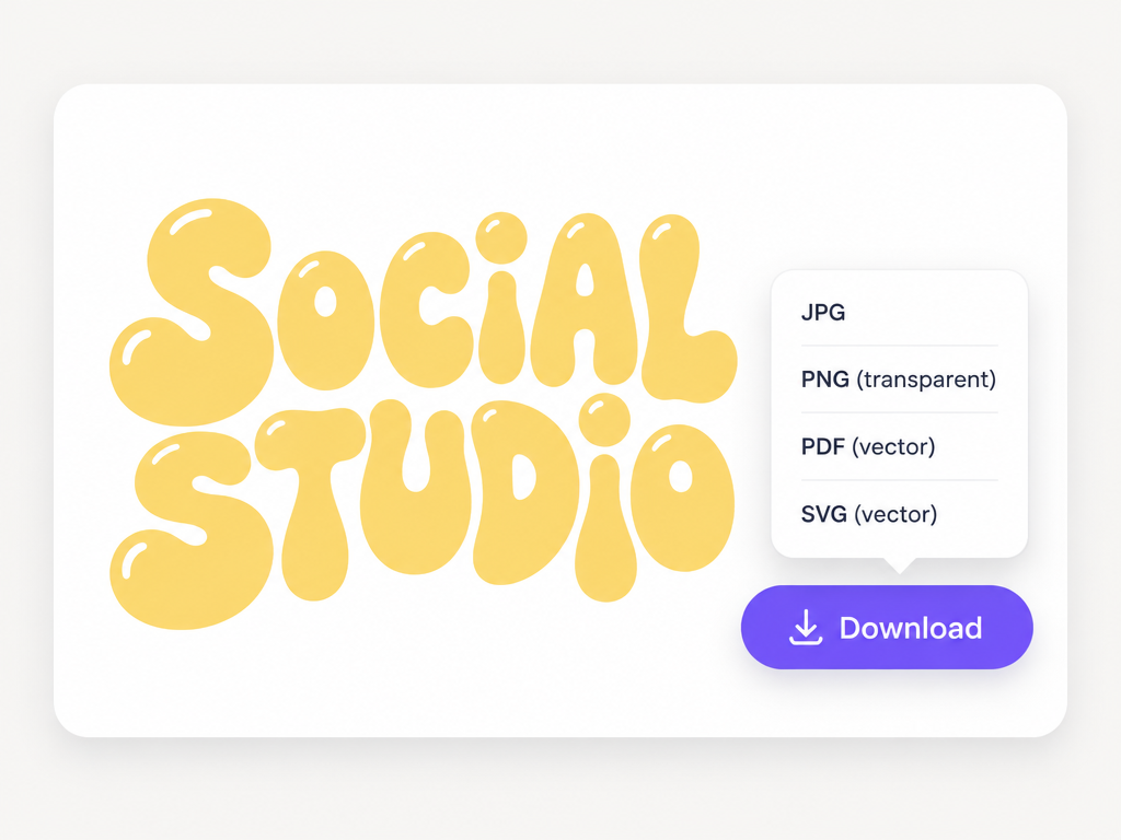 Studio logo design presentation card with instant download button and vector file format export menu