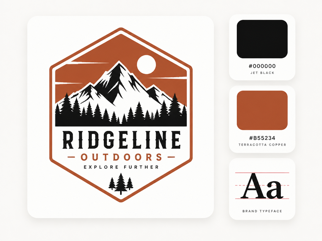 Minimalist UI layout card showing a craft distillery mountain logo with matching copper and black color swatches and typography card