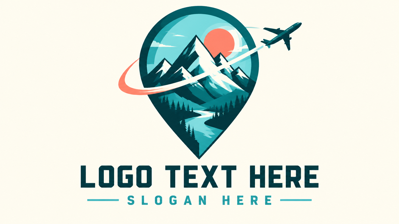 Adventure travel logo design featuring a map location pin enclosing mountain peaks and soaring airplane