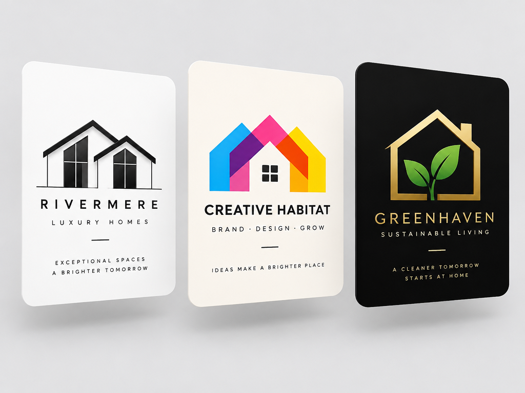 Graphic showcase of three distinct house logo designs featuring luxury architectural, creative colorful print, and eco-garden house styles