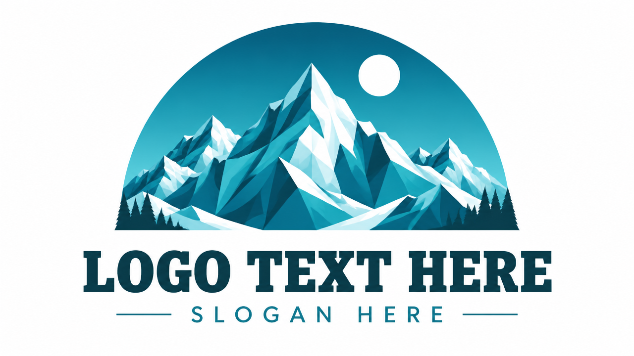 Faceted turquoise glacier mountain logo design with circular moon inside a teal dome on white card