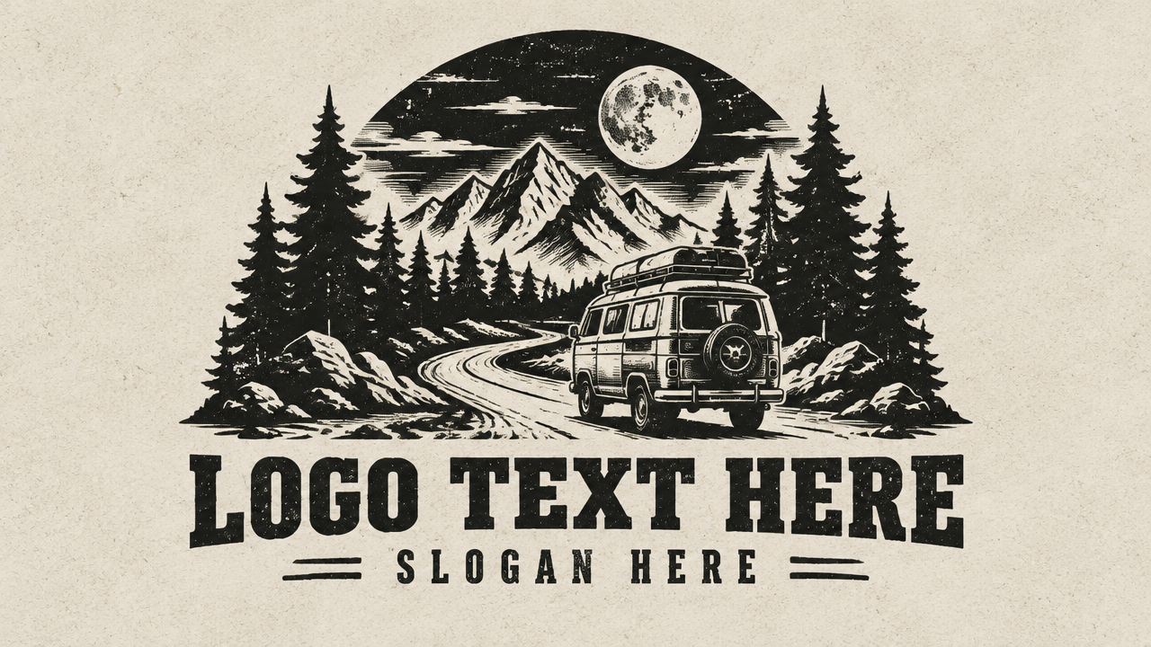 Vintage woodblock road trip logo design with pine trees, mountain trail, and hand-lettered text on oatmeal card