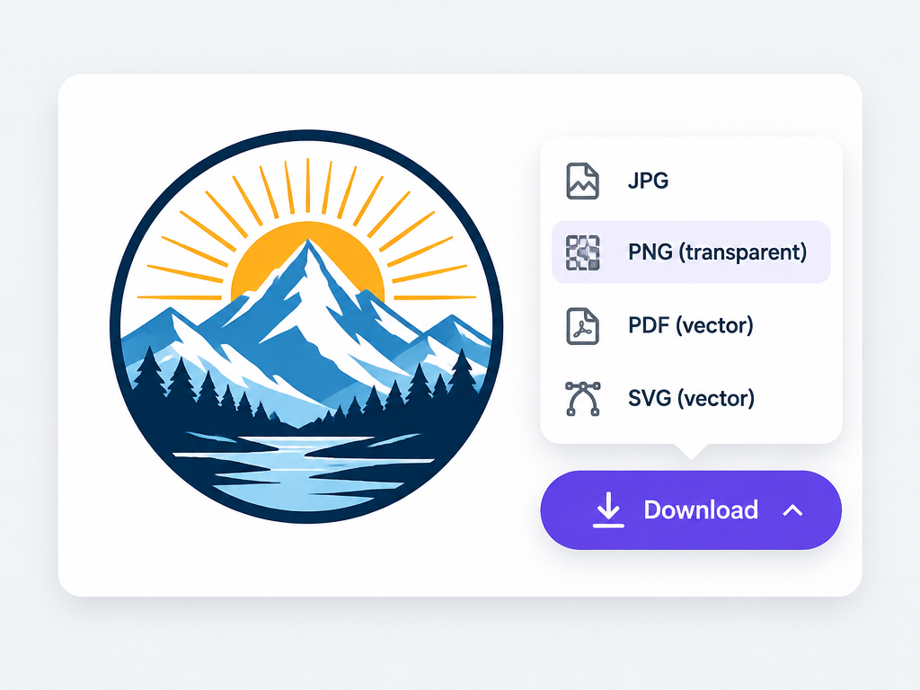 Mountain logo design presentation card with instant download button and transparent PNG vector export dropdown menu