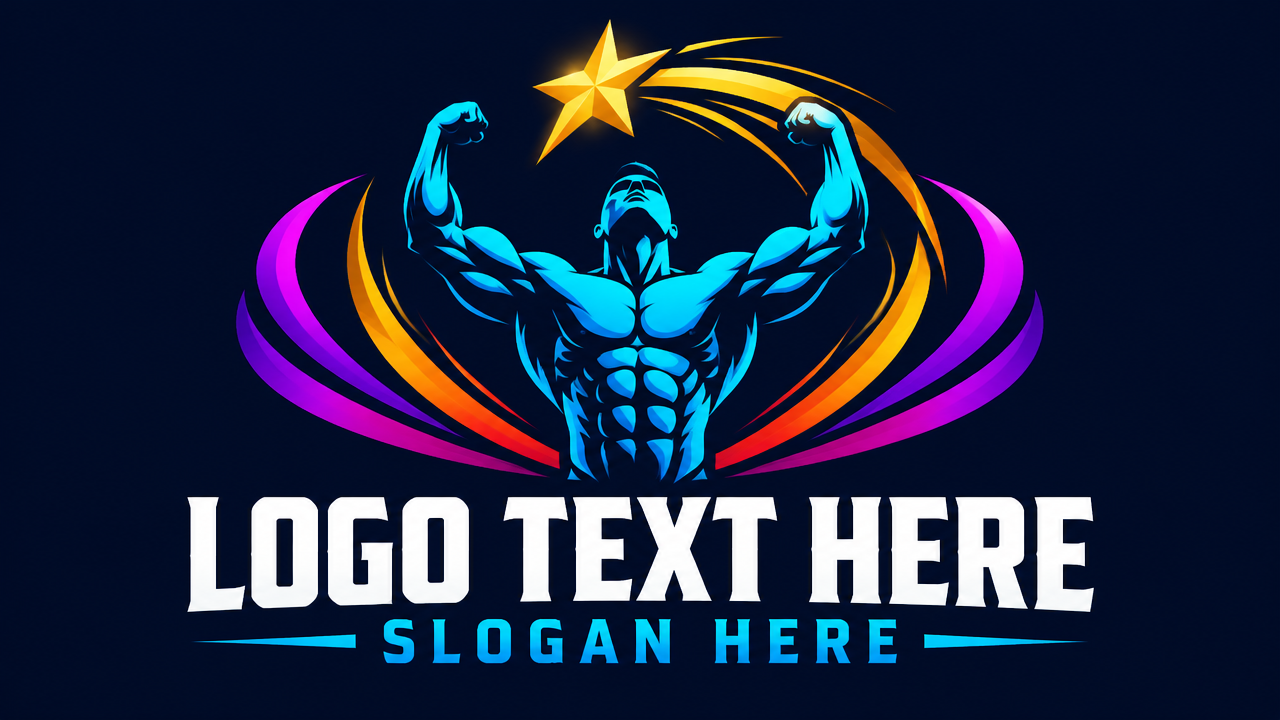 Bodybuilding and fitness contest logo design with victorious muscular athlete and shooting star on navy card