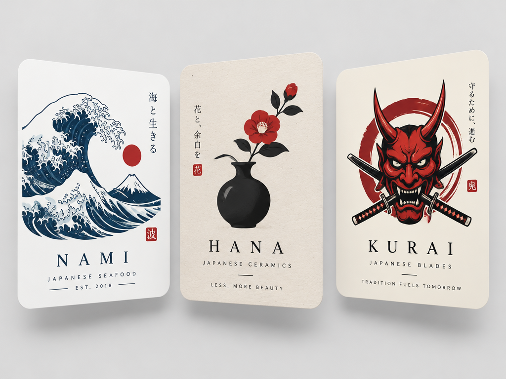 Graphic showcase of three distinct Japanese logo designs featuring Ukiyo-e wave, Zen ikebana, and samurai Oni mask styles