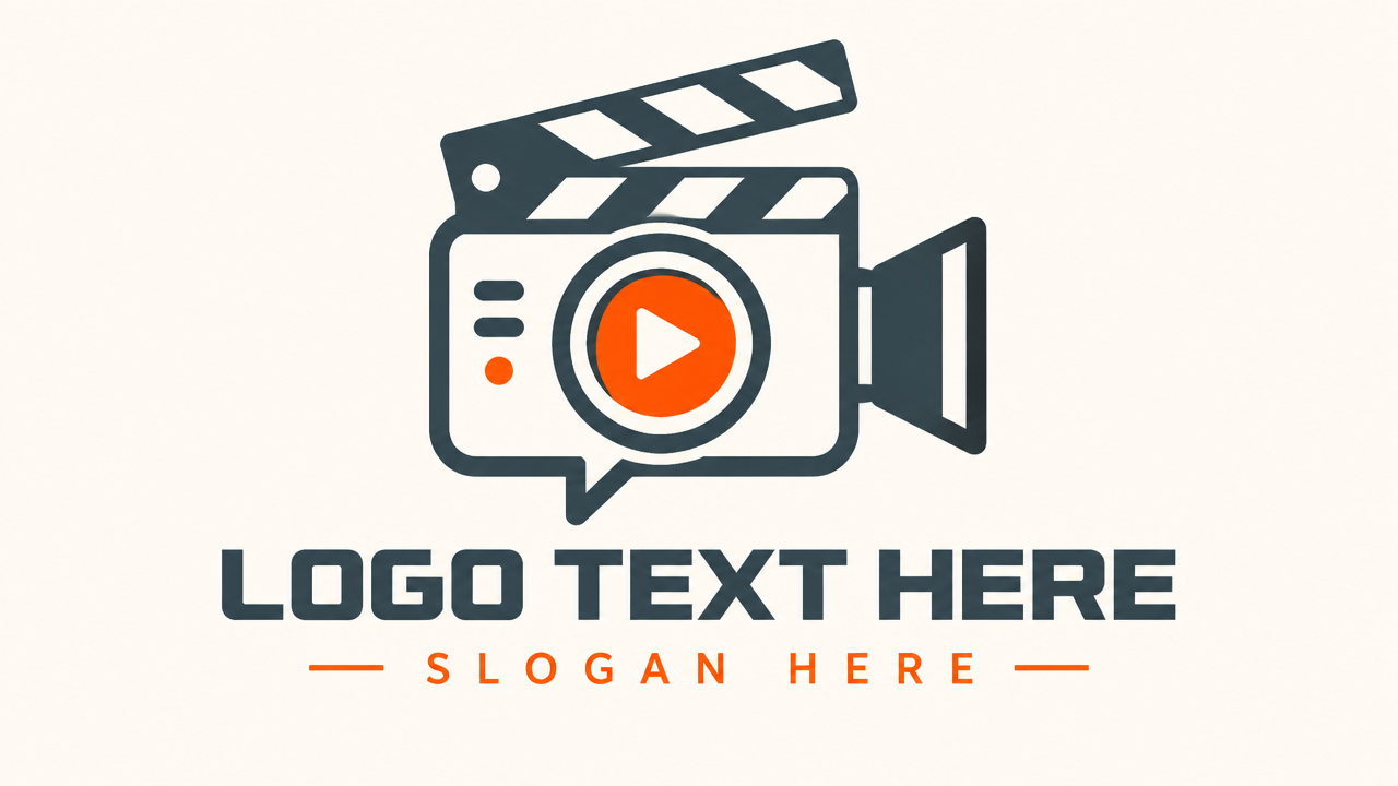 Video advertising and commercial production logo design featuring a camera clapperboard icon on cream card
