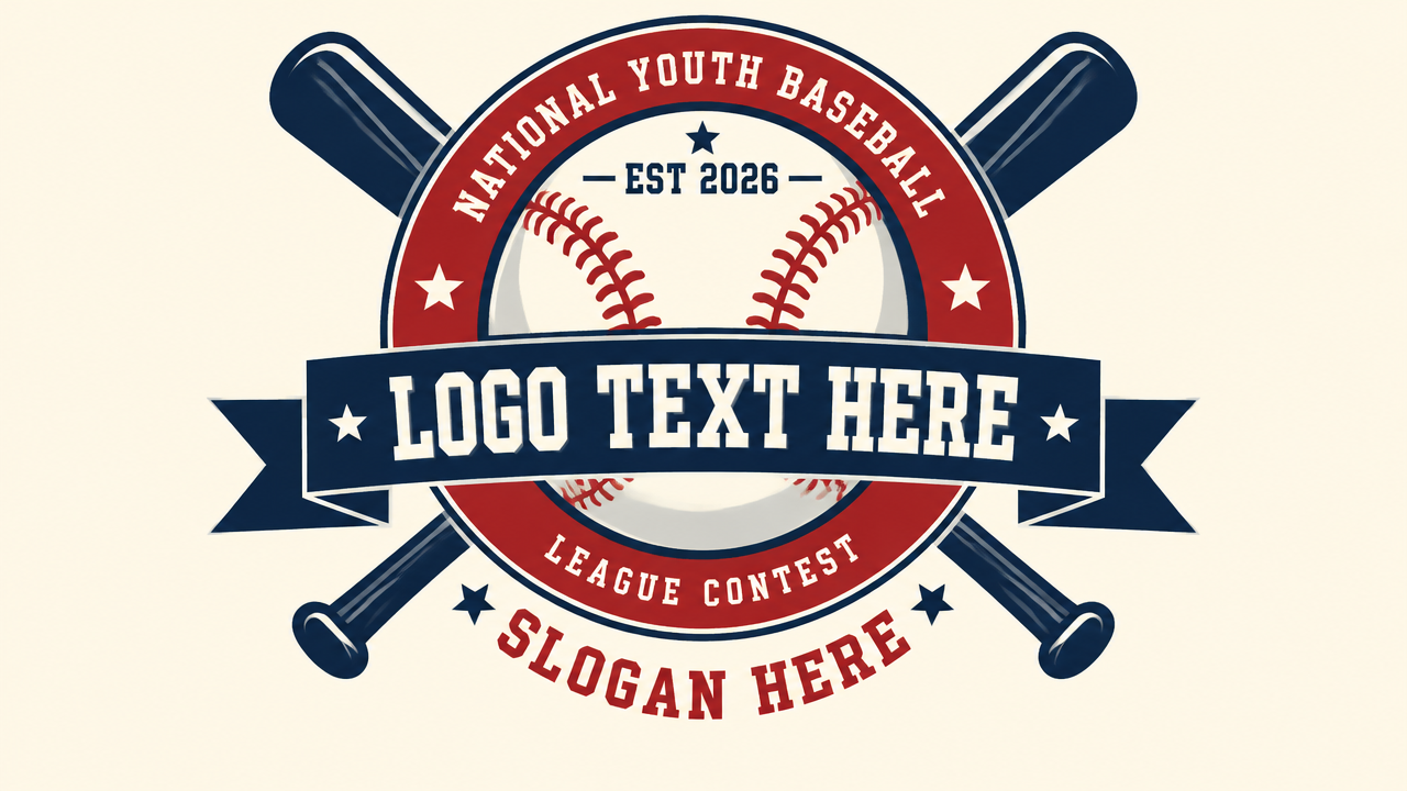 Classic vintage baseball tournament contest logo badge with crossed bats and ribbon banner on cream card