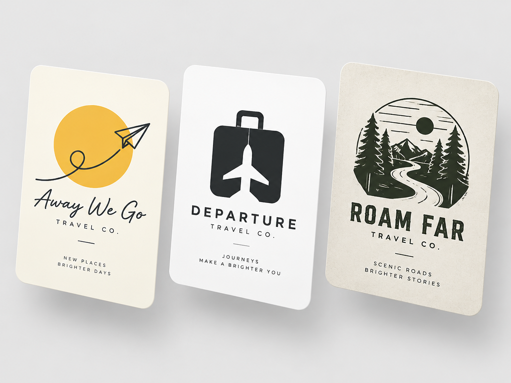 Graphic showcase of three distinct trip logo designs featuring boutique paper plane, negative space luggage, and rugged road trip badge