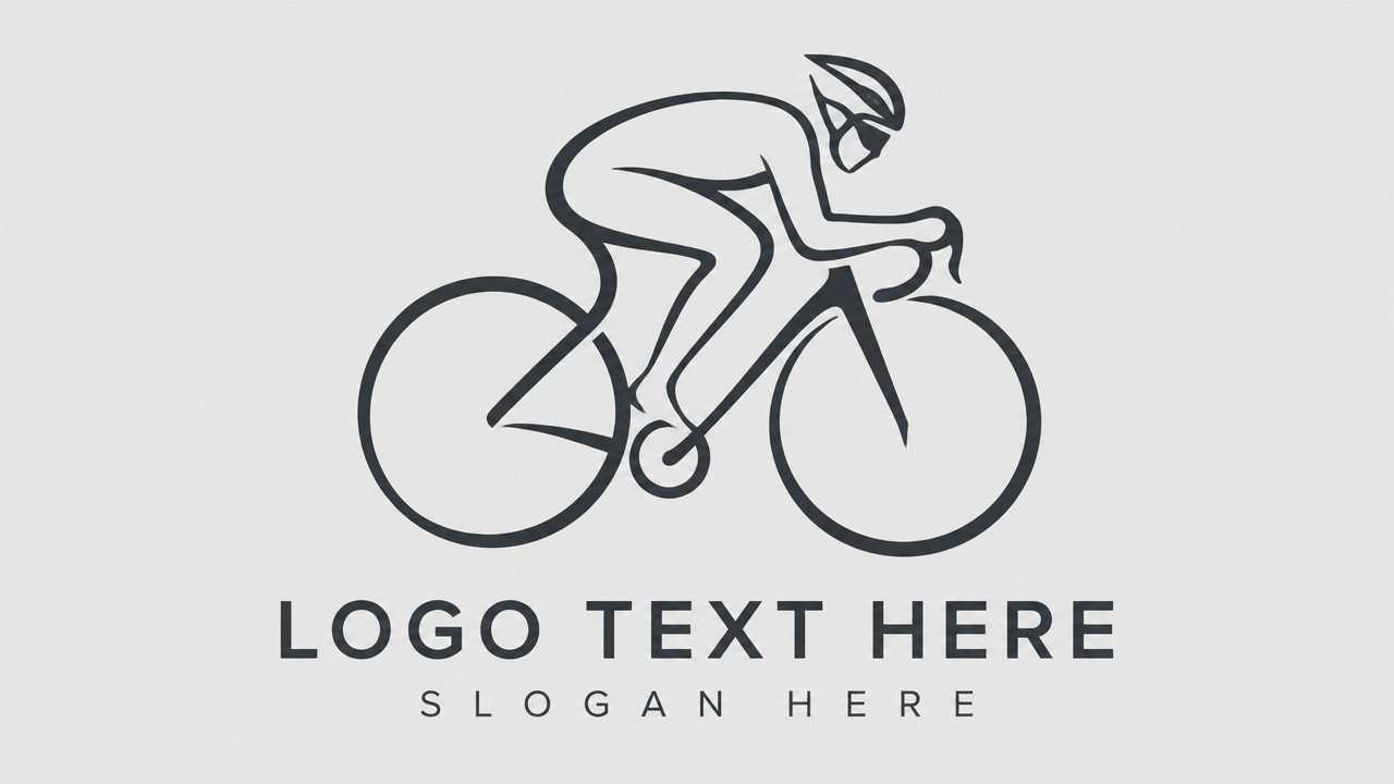Minimalist road bike cycling logo design with continuous single-line racing cyclist on light grey card