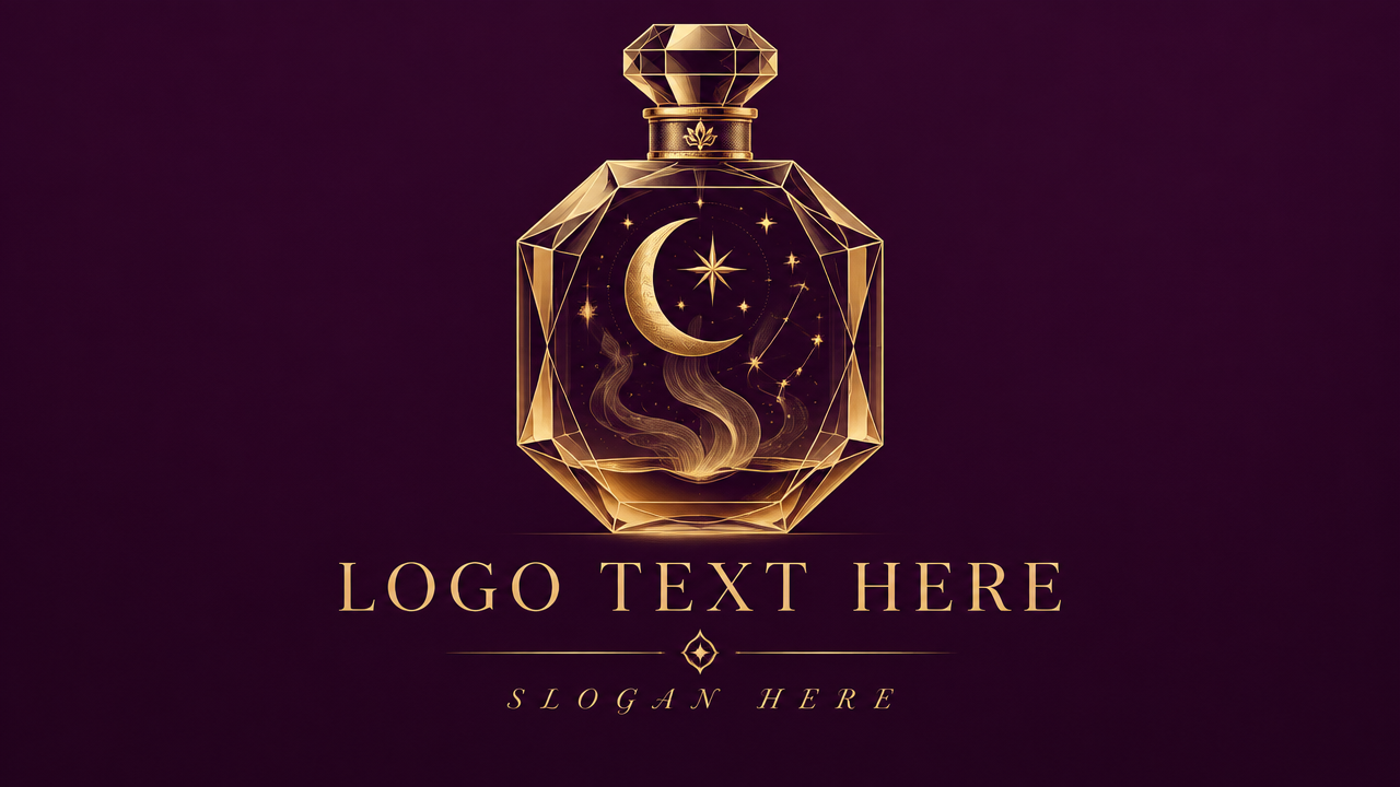Mystical perfume logo design featuring a gold potion bottle with crescent moon and stars on royal purple card