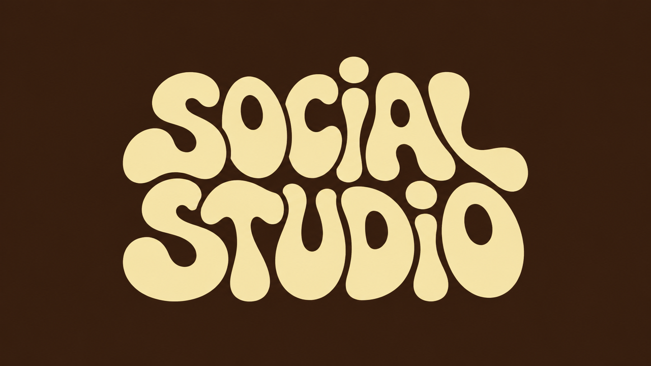 Retro groovy liquid bubble typography studio logo design in butter yellow on dark brown card