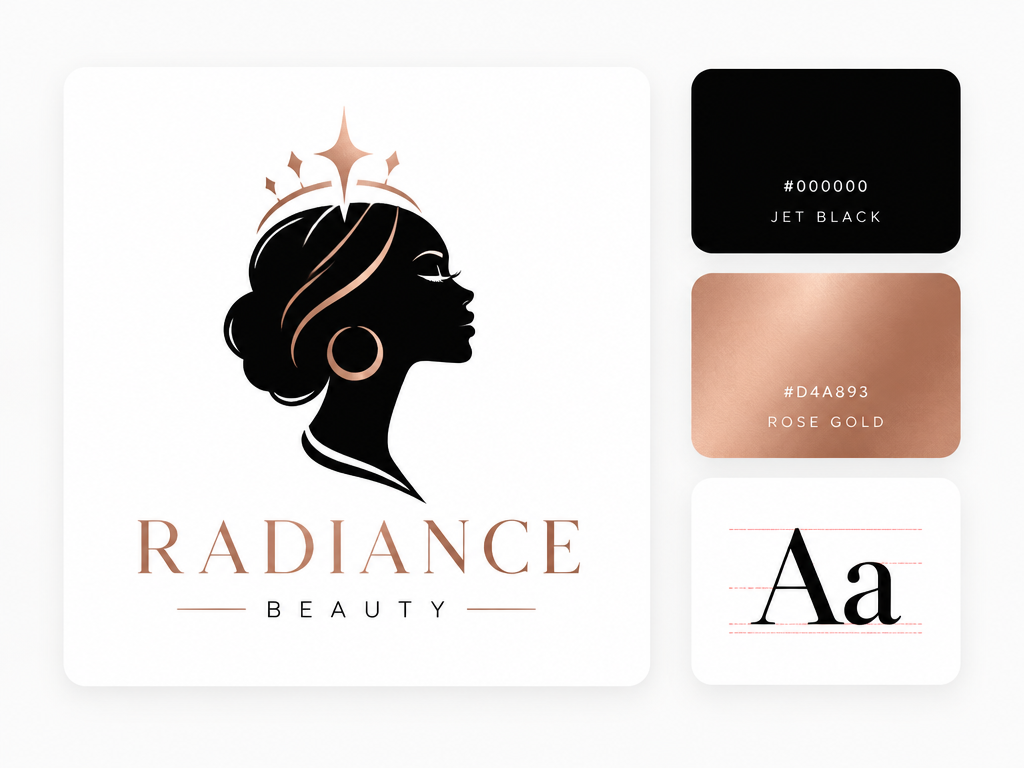 Minimalist UI layout card showing a professional beauty profile logo with matching black and rose gold color swatches and typography card