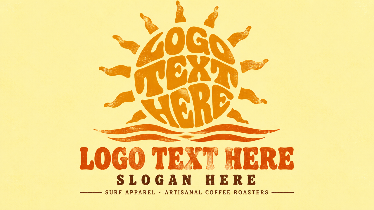 Vintage 70s retro sunshine logo design featuring groovy curved typography forming a sun on yellow background
