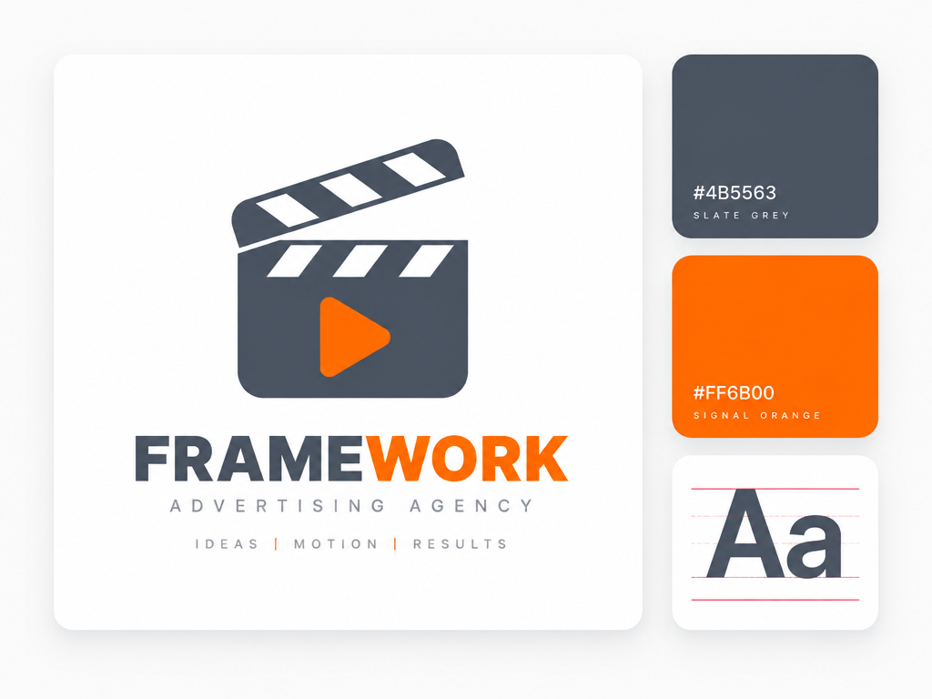Minimalist UI layout card showing a video advertising camera logo with matching grey and orange color swatches and typography card