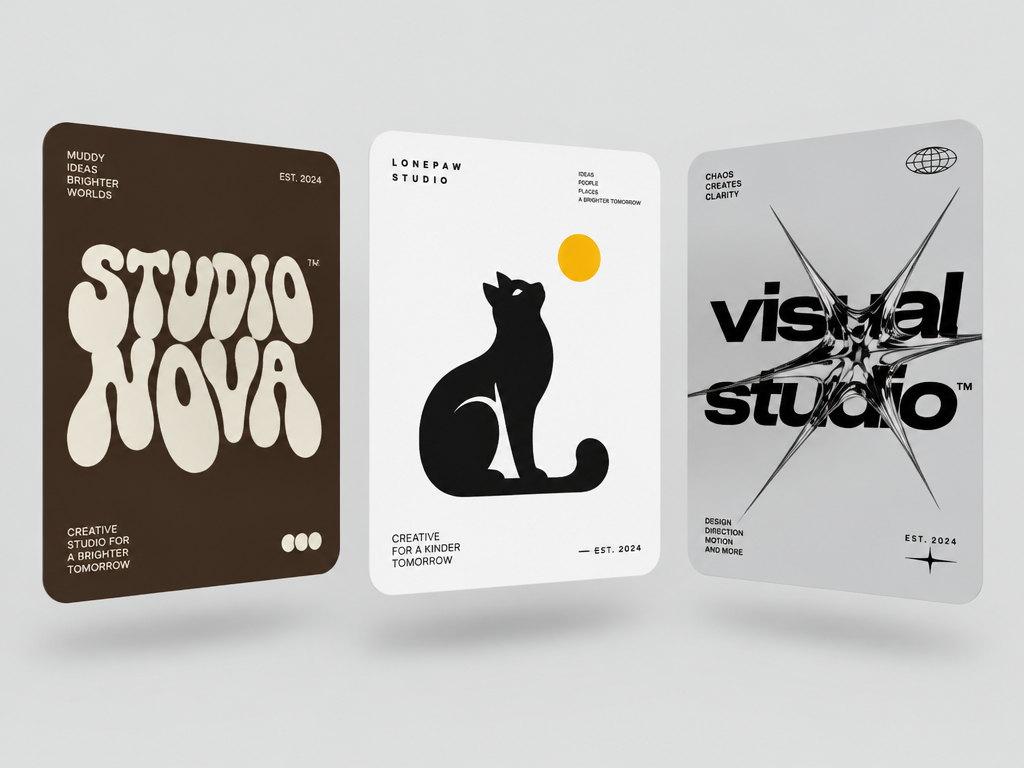 Graphic showcase of three distinct studio logo designs featuring groovy typography, a mascot, and Y2K acid graphics