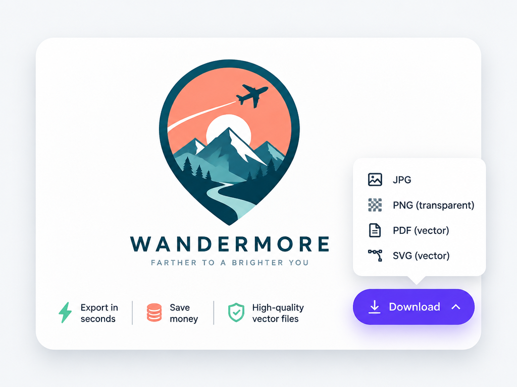 Travel logo design presentation card with instant download button and vector file format export menu