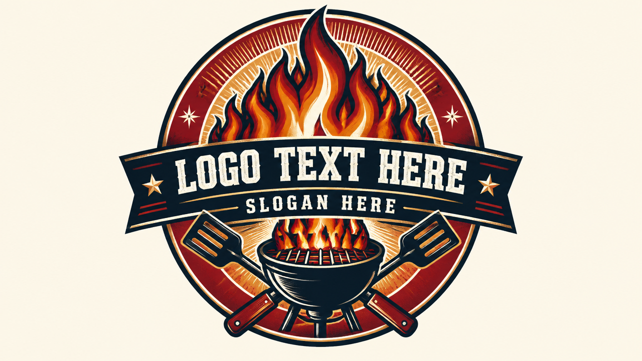 Vintage circular fire logo badge with layered flames and horizontal banner on cream card