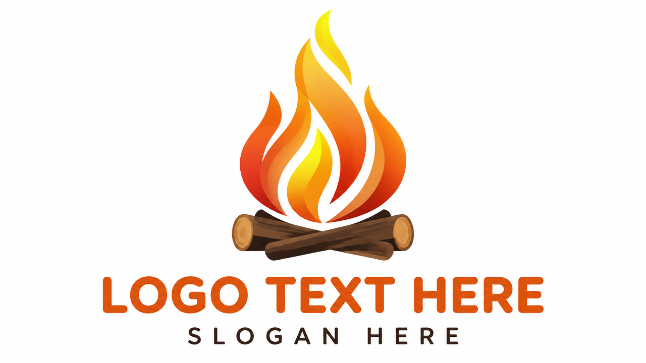 Clean minimalist campfire flame logo design with orange and yellow gradient on white card
