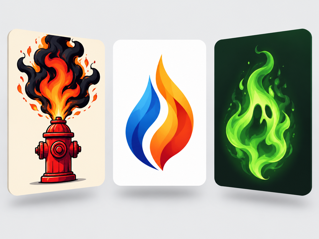 Graphic showcase of three distinct fire logo designs featuring blazing hydrant, dual energy flame, and neon ghost fire styles