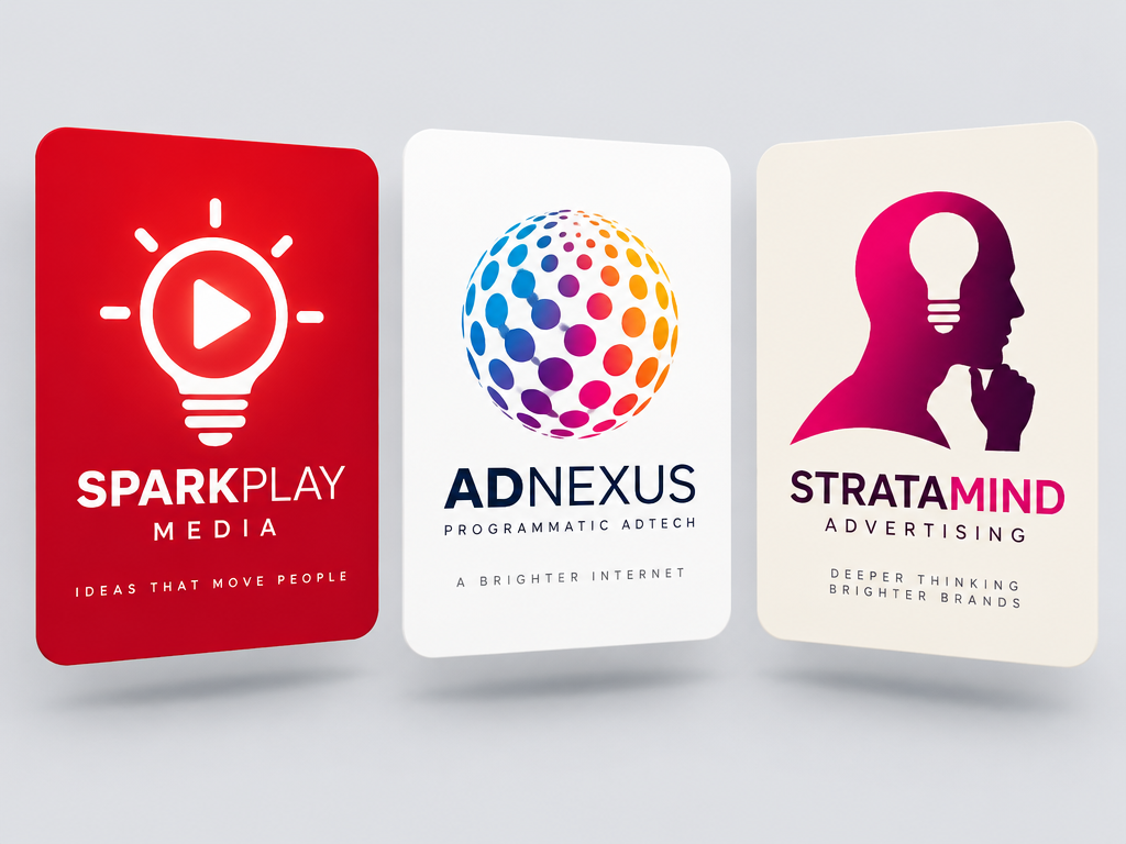 Graphic showcase of three distinct advertising logo designs featuring media lightbulb, 3D AdTech globe, and thinker silhouette styles