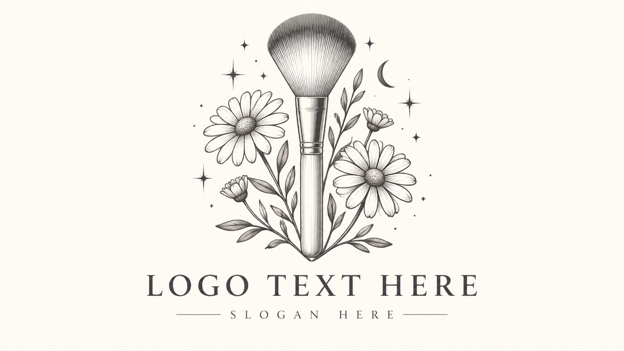 Organic beauty makeup logo design featuring a powder brush with blooming flowers and sparkle stars on ivory card