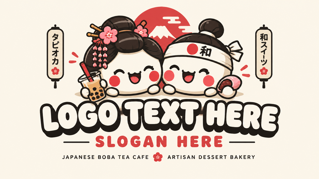 Cute Japanese kawaii chibi character logo design with traditional hairstyles on cream background