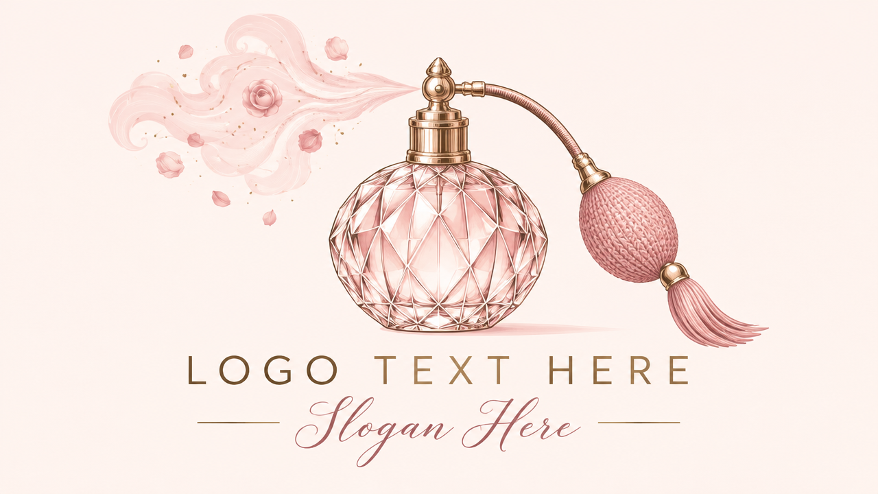 Romantic vintage perfume logo design featuring a classic spray bottle with puffing scent mist on blush card