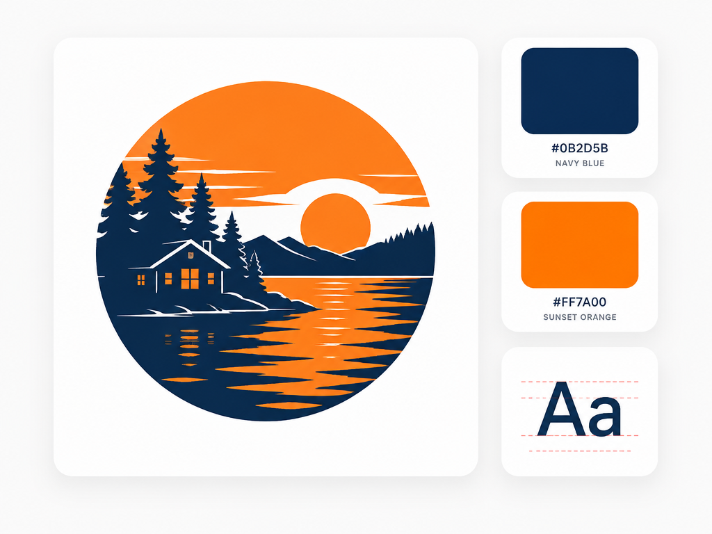 Minimalist UI layout card showing a lakeside cabin sunset logo with matching navy and orange color swatches and typography card