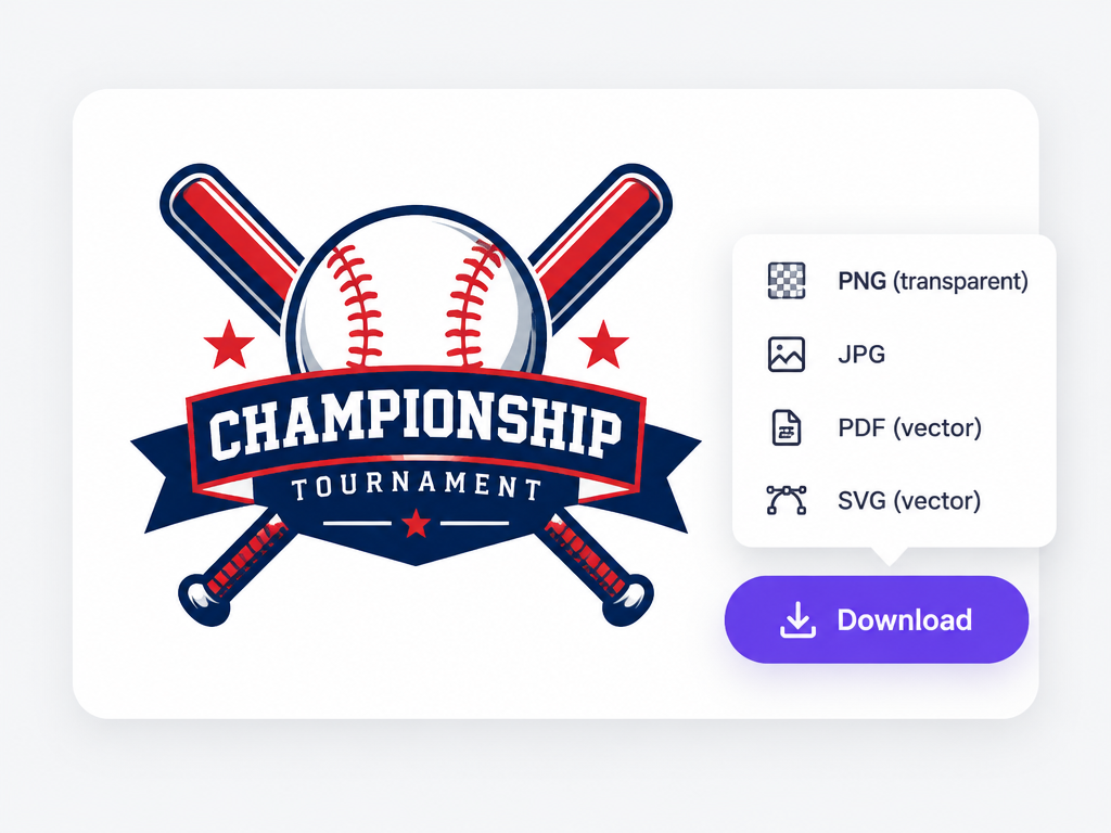Contest logo design presentation card with instant download button and multi-format vector export dropdown menu