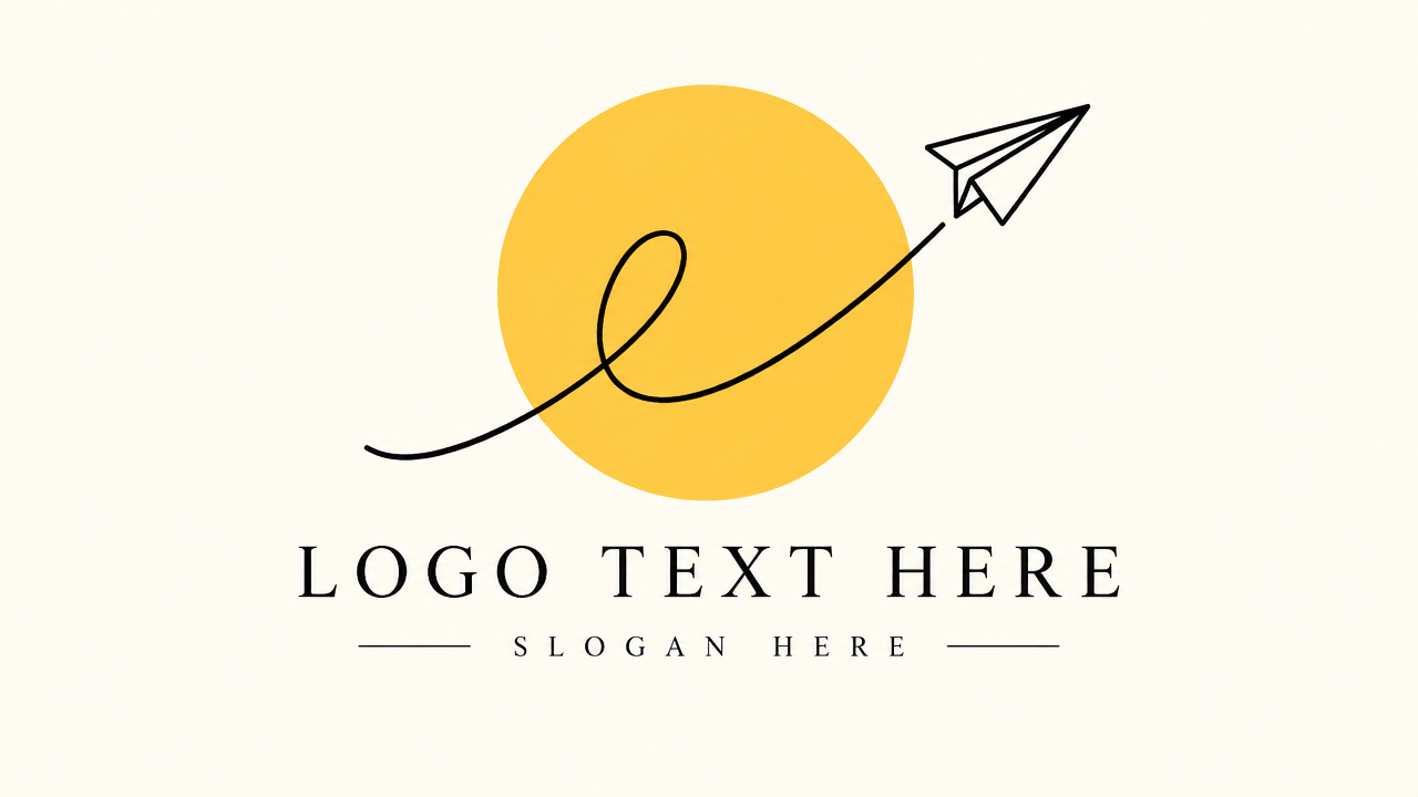 Modern boutique travel logo design featuring a yellow sun disk and cursive paper airplane line art on ivory card
