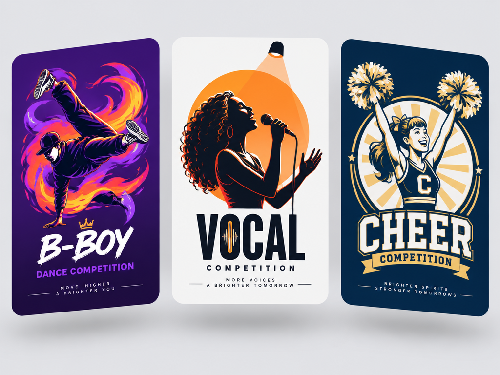 Graphic showcase of three distinct contest logo designs featuring street dance battle, singing spotlight, and cheerleading championship styles