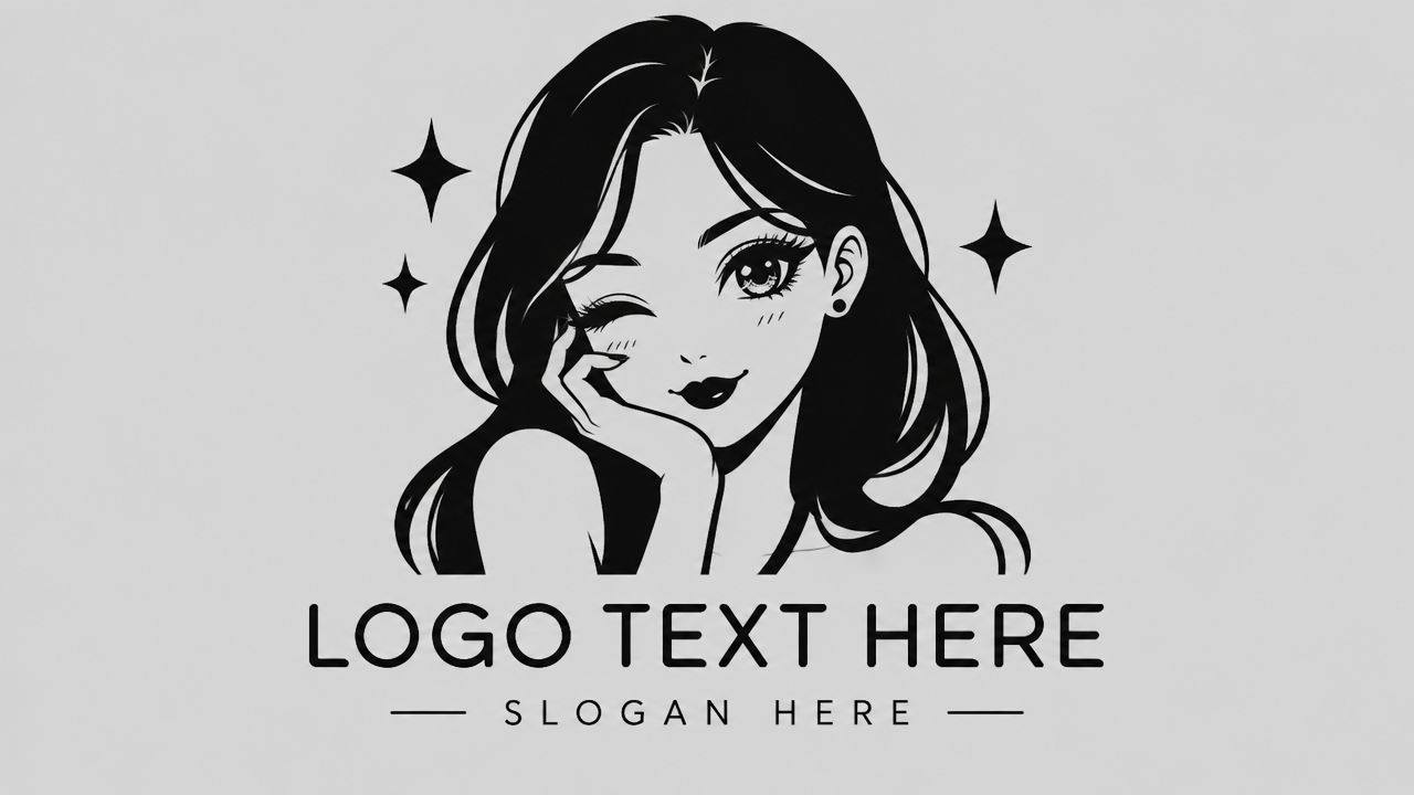 Playful anime girl mascot makeup logo design featuring a winking face with long eyelashes and sparkle stars on light card