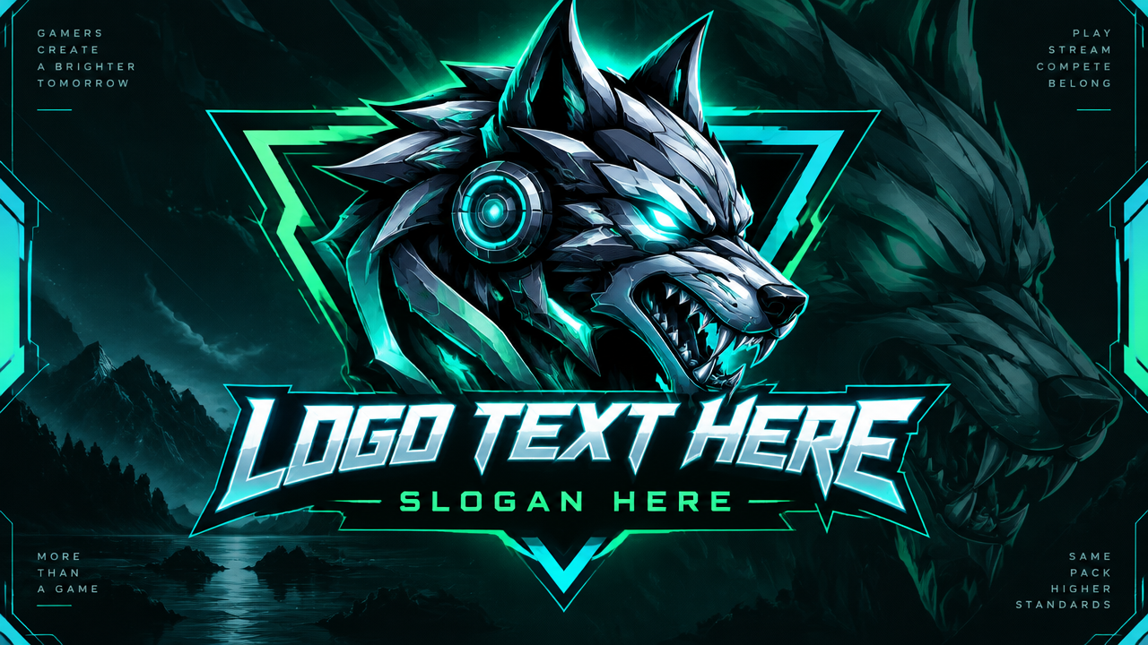 Glowing cyberpunk neon wolf esports logo design with sharp geometric angles on dark teal card