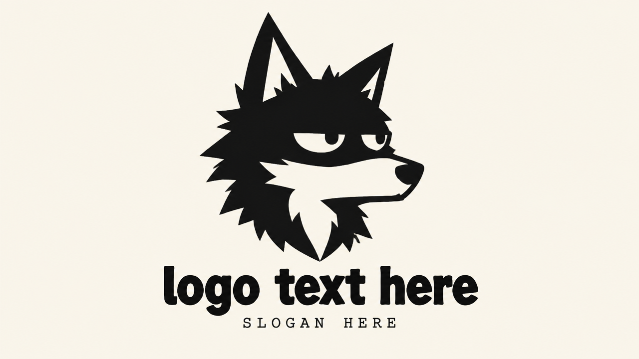 Quirky flat 2D cartoon black wolf mascot logo design with deadpan eyes on cream background