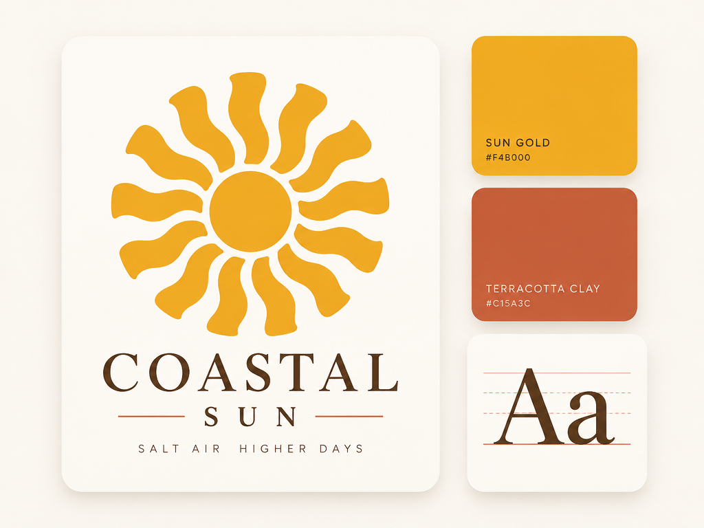Minimalist UI layout card showing a professional sun logo with color swatches and typography baseline guides