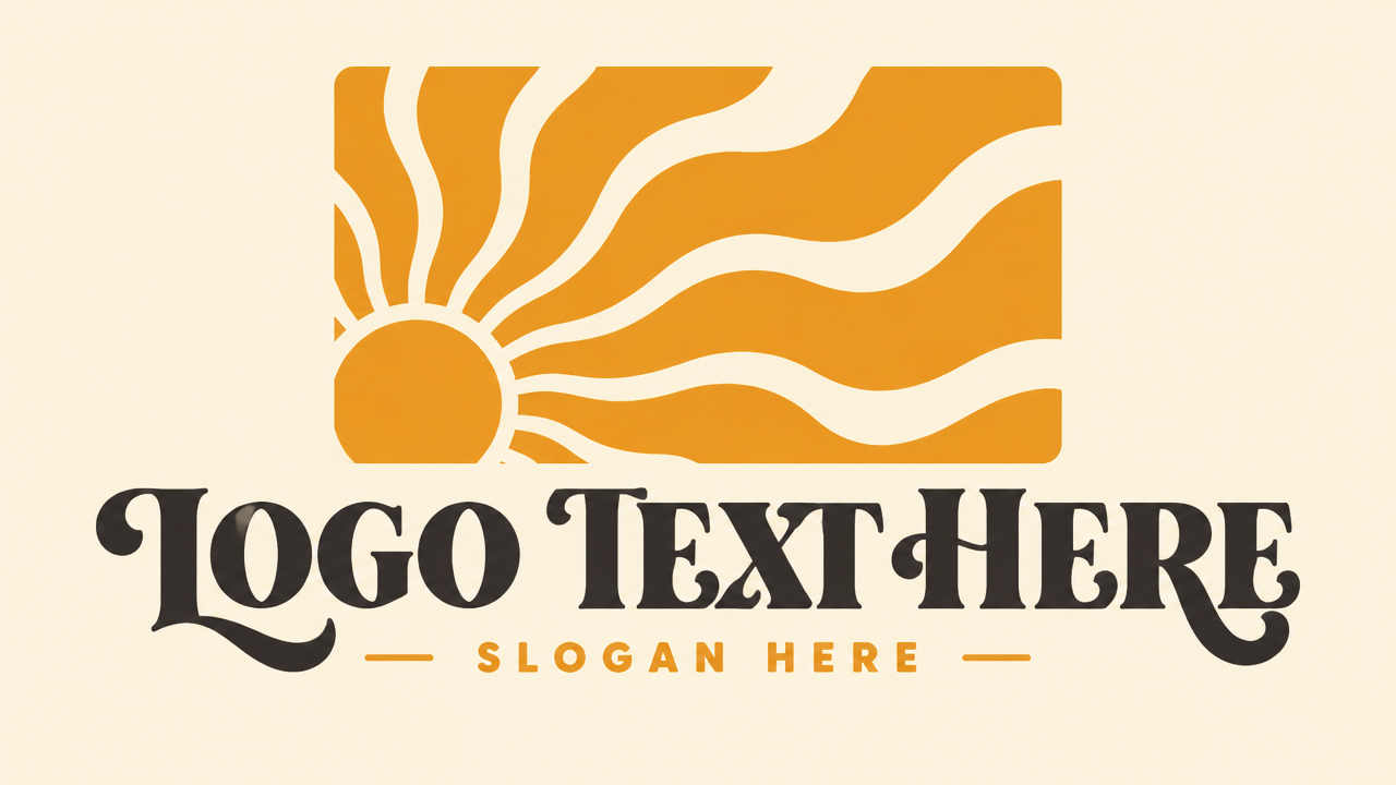 Retro 70s sunscreen and coastal brand logo design featuring an orange sunburst tile and groovy serif typography