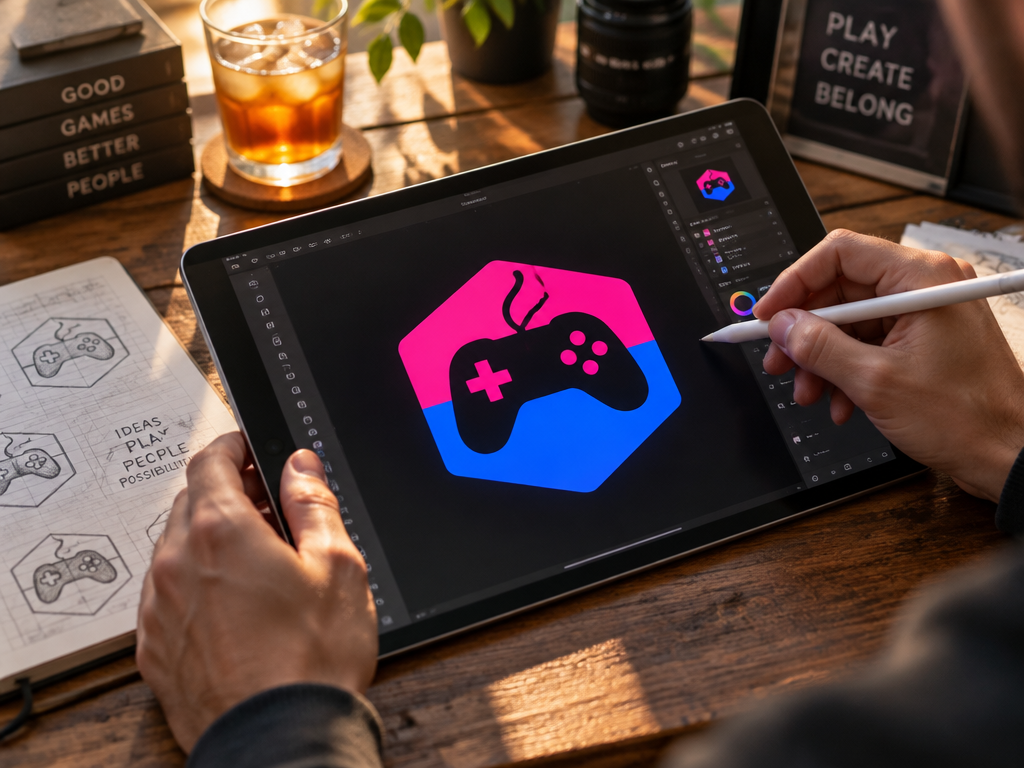 Hands swiping on a tablet displaying a split-color pink and blue hexagon gaming controller logo badge